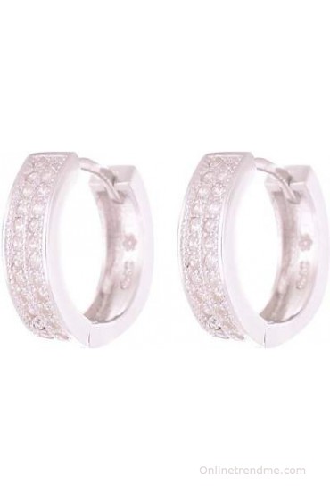 Swank Silver 925 Classic Double Lane Set Cz Studded Cubic Zirconia Sterling Silver Hoop Earring